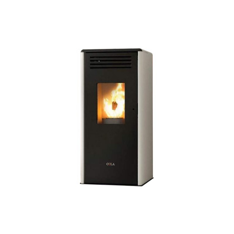 stufa a pellet anselmo cola smart 697 kw in acciaio e top in maiolica colore bianco ad aria