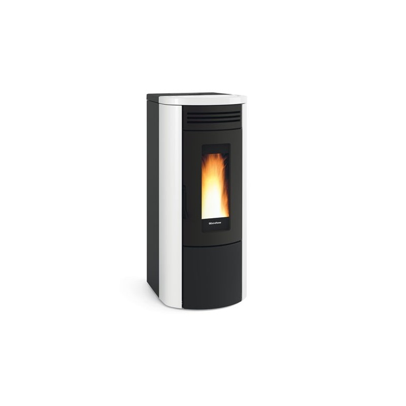 termostufa idro a pellet la nordica extraflame costanza 17 kw wifi in acciaio e top in maiolica colore bianco