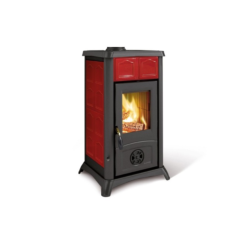 stufa a legna la nordica extraflame gemma 60 kw in maiolica colore bordeaux ad aria